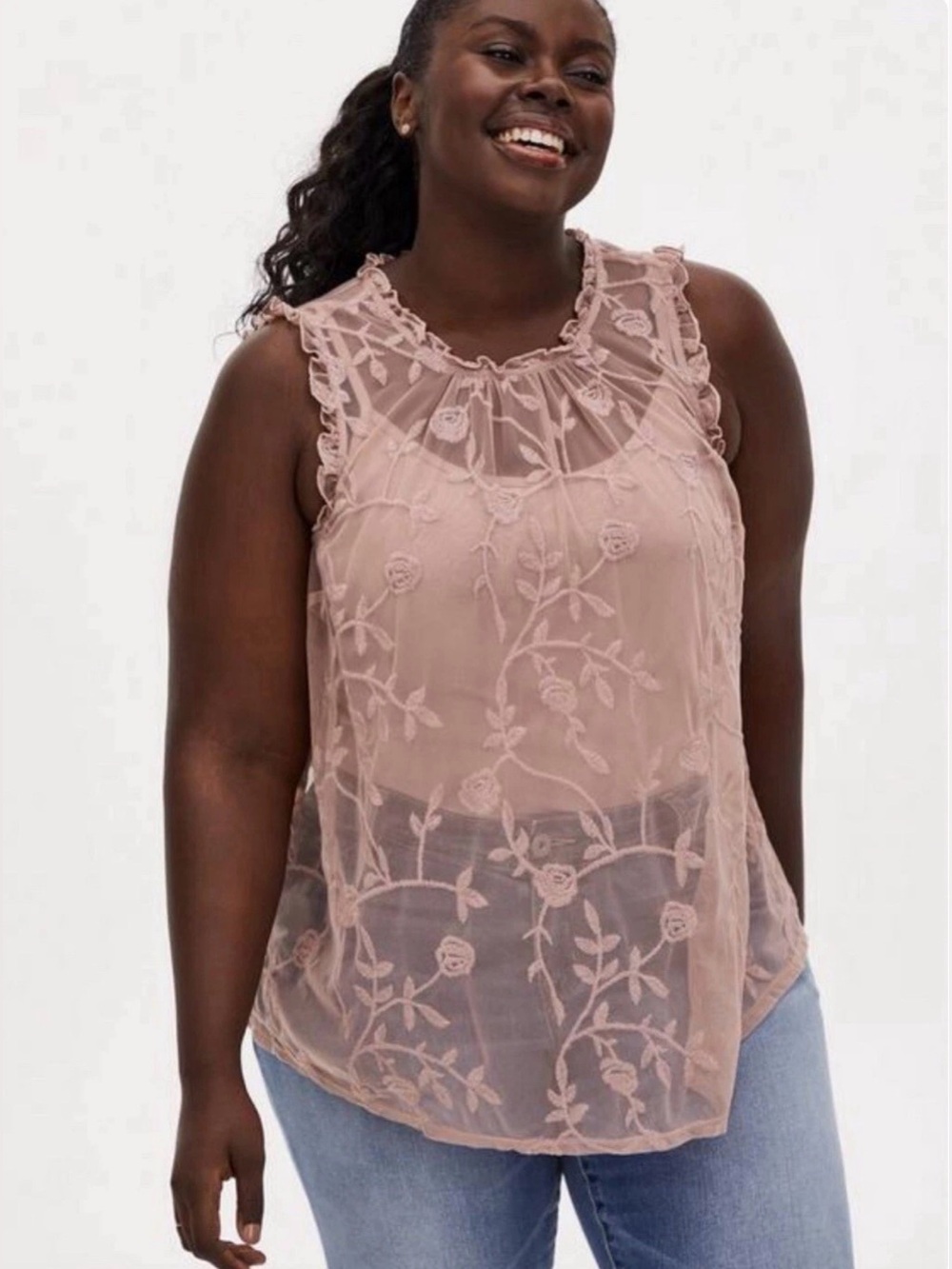 Torrid Embroidered Mesh Mock Neck Top Size 4X Floral Pre-owned